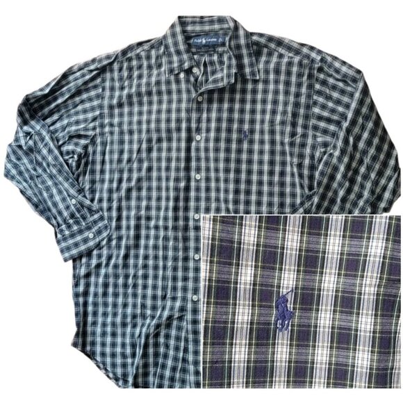 Ralph Lauren Blake Plaid Large Button Down Long Sleeve Cotton Blue Pony Logo - Picture 1 of 7
